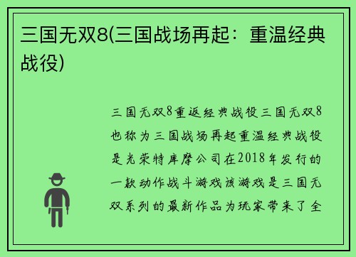 三国无双8(三国战场再起：重温经典战役)