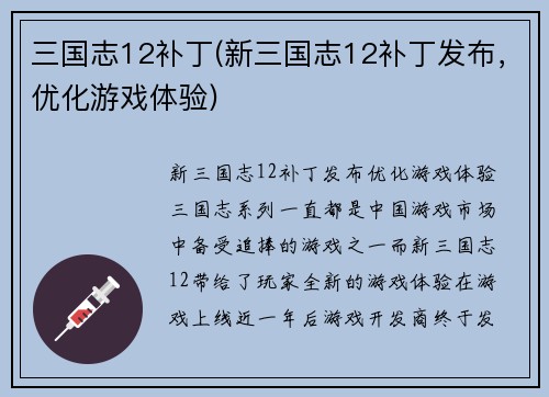 三国志12补丁(新三国志12补丁发布，优化游戏体验)