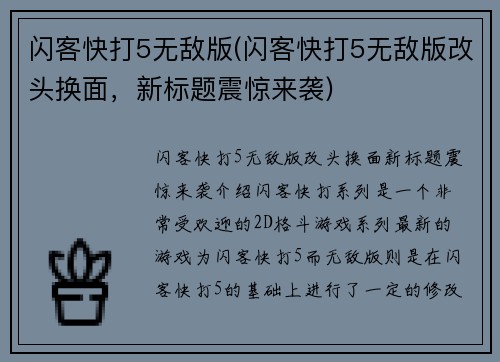 闪客快打5无敌版(闪客快打5无敌版改头换面，新标题震惊来袭)