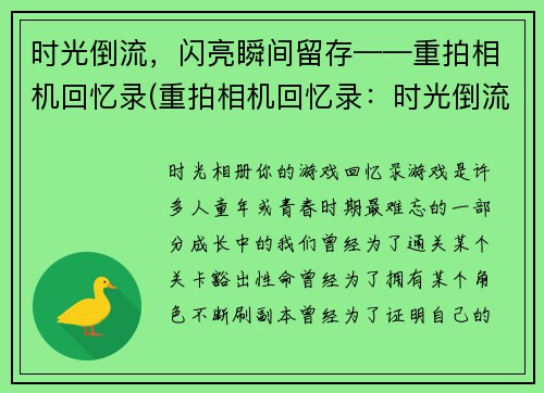 时光倒流，闪亮瞬间留存——重拍相机回忆录(重拍相机回忆录：时光倒流中的闪亮瞬间)